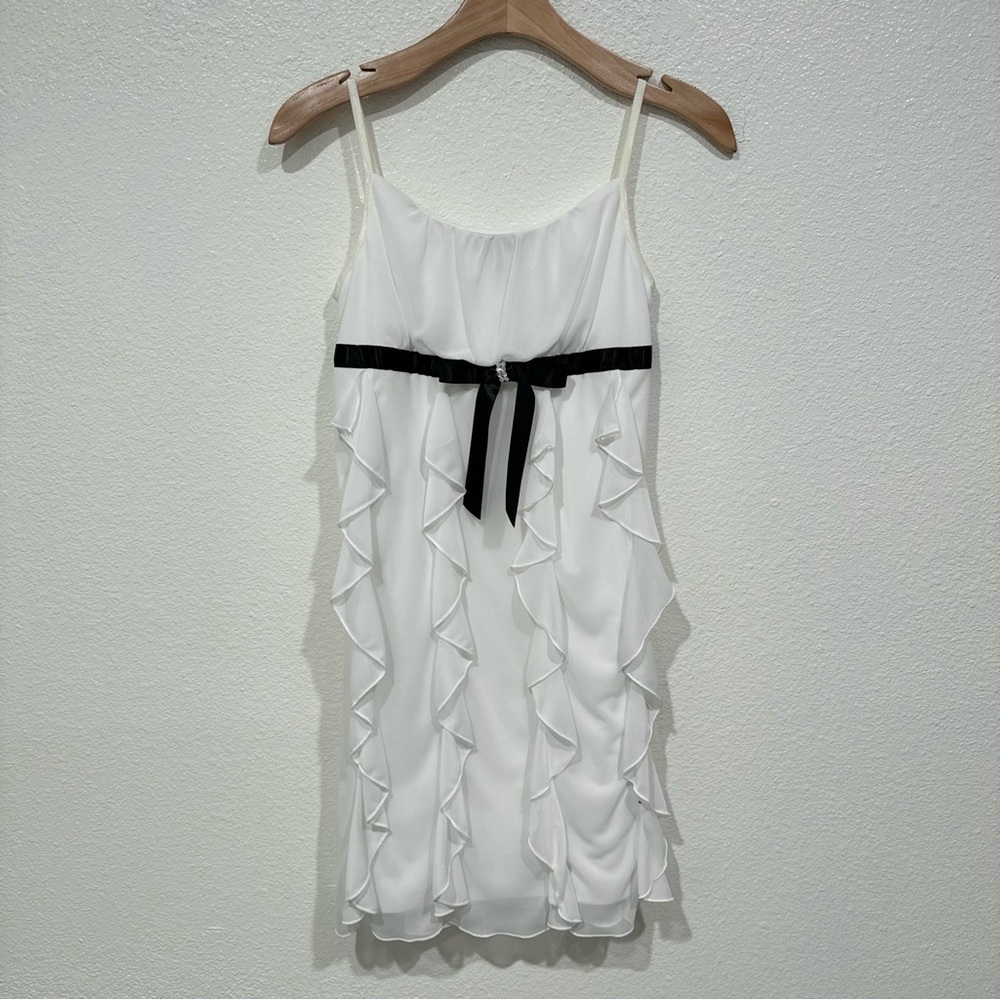 Kids BCX Girls White Black Ruffle Bow Spaghetti Strap Formal Dress XL 16